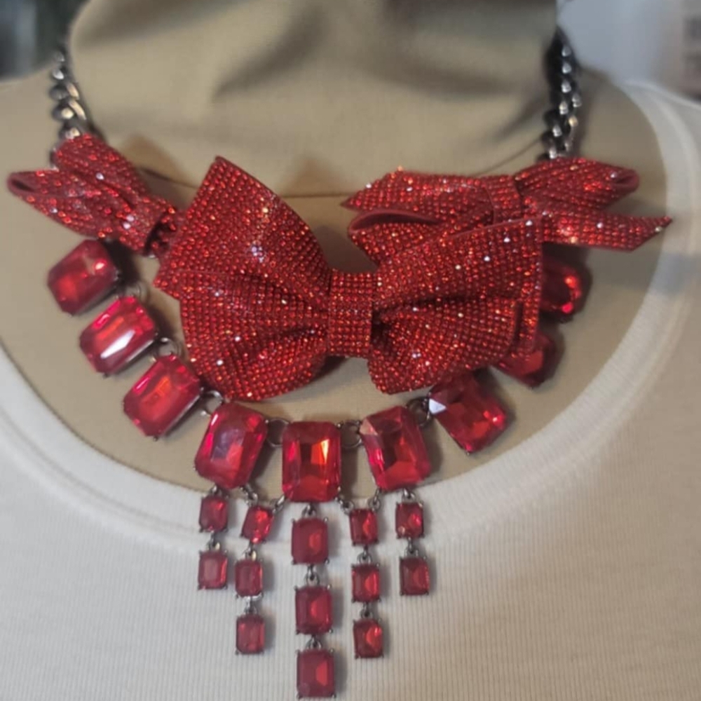 Betsey Johnson Valentine's Day Bows Holiday Jewel Ruby Red Necklace Jewelry❤️ - Picture 10 of 17